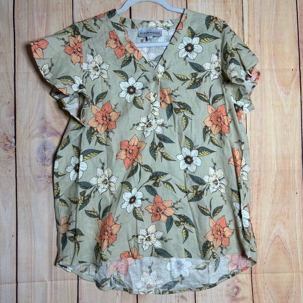 Alex & Parker Floral Blouse Womens L Green Linen Blend Flutter Sleeve Cottage